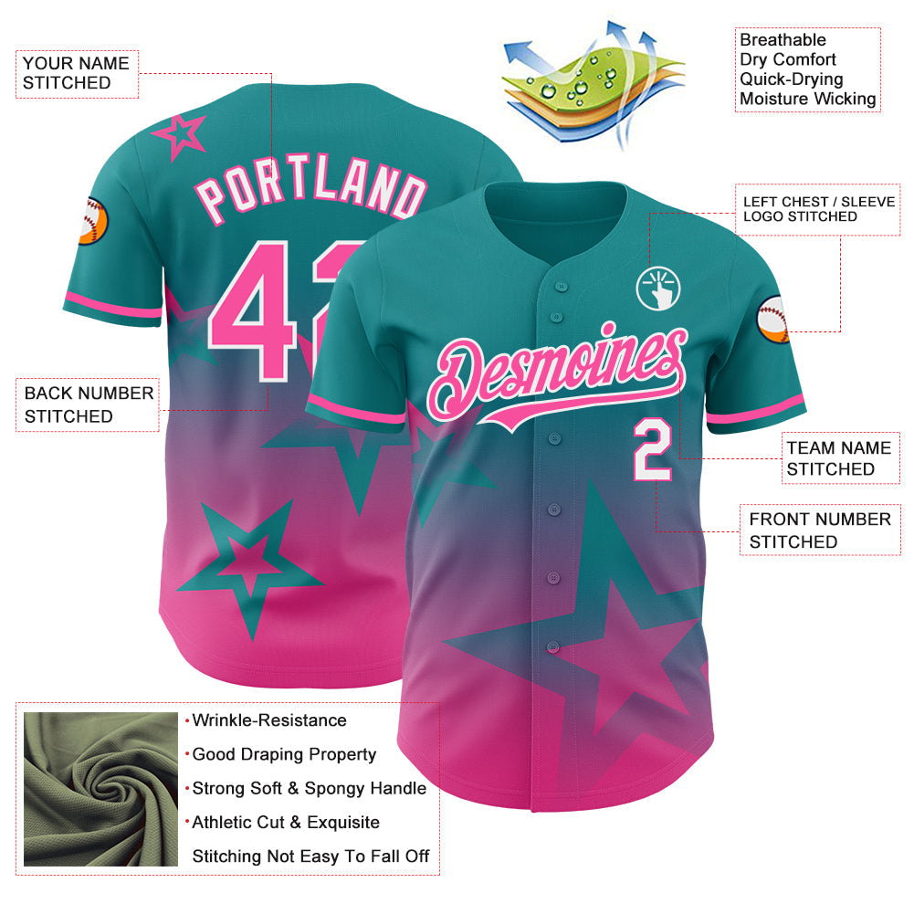 Custom Teal Pink-White 3D Pattern Design Gradient Style Twinkle Star Authentic Baseball Jersey view 3