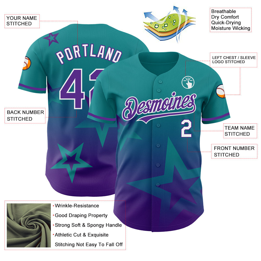 Custom Teal Purple-White 3D Pattern Design Gradient Style Twinkle Star Authentic Baseball Jersey view 3
