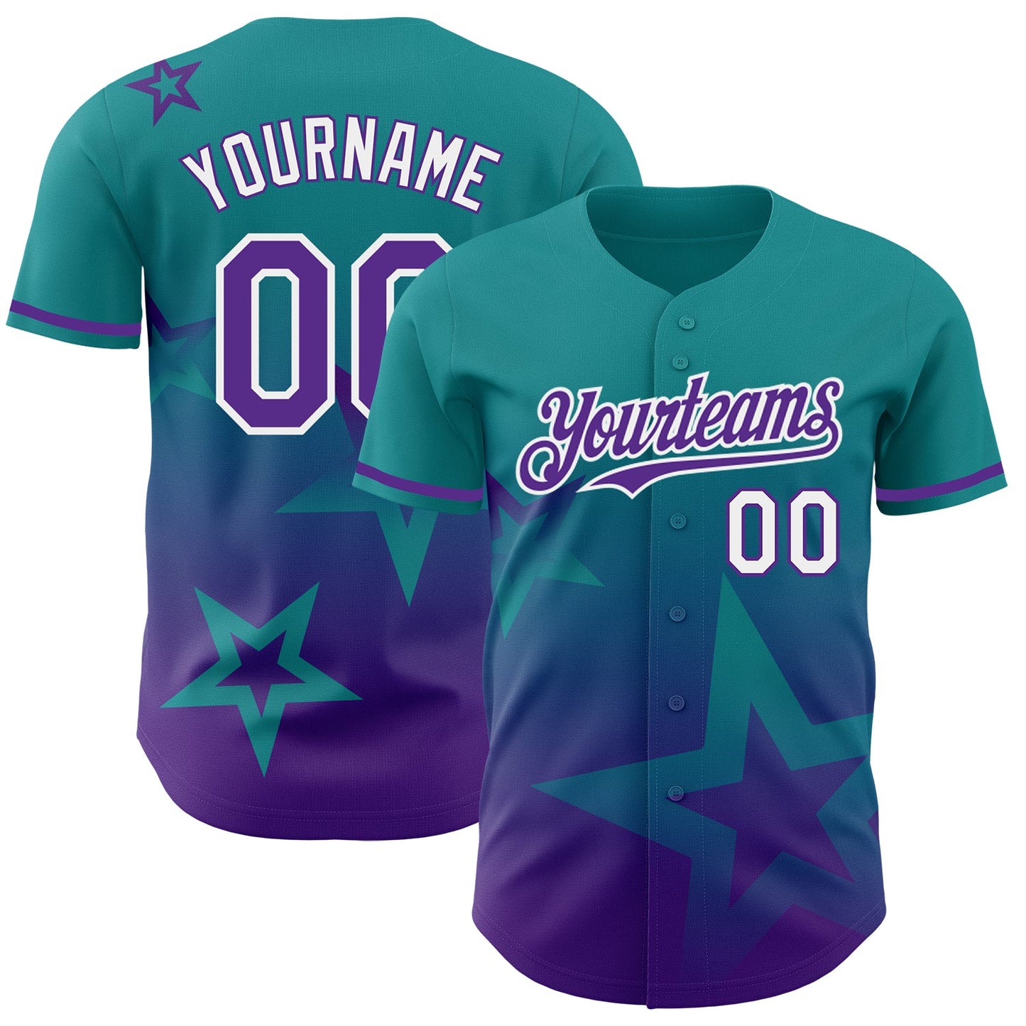 Custom Teal Purple-White 3D Pattern Design Gradient Style Twinkle Star Authentic Baseball Jersey - Main View