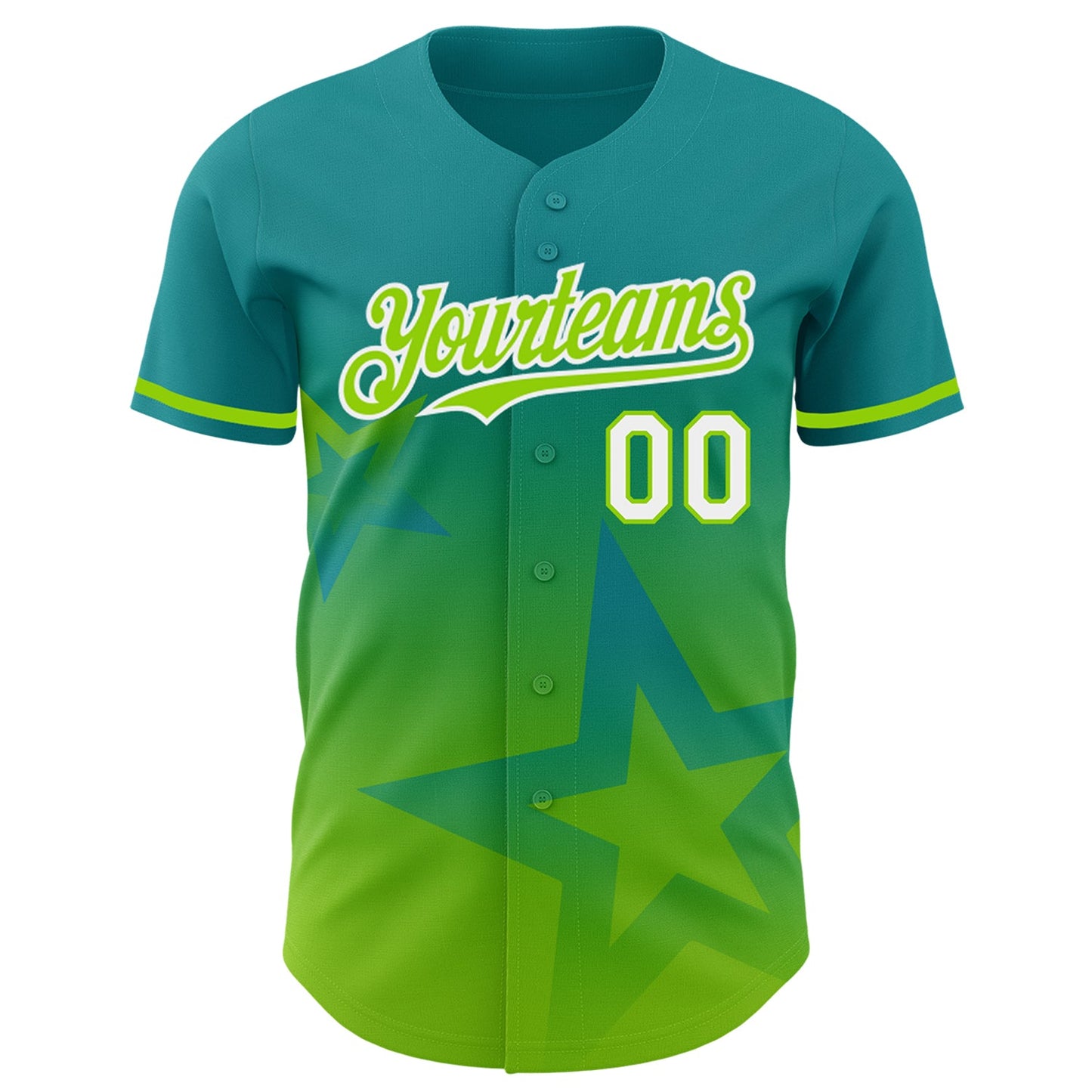 Custom Teal Neon Green-White 3D Pattern Design Gradient Style Twinkle Star Authentic Baseball Jersey view 2