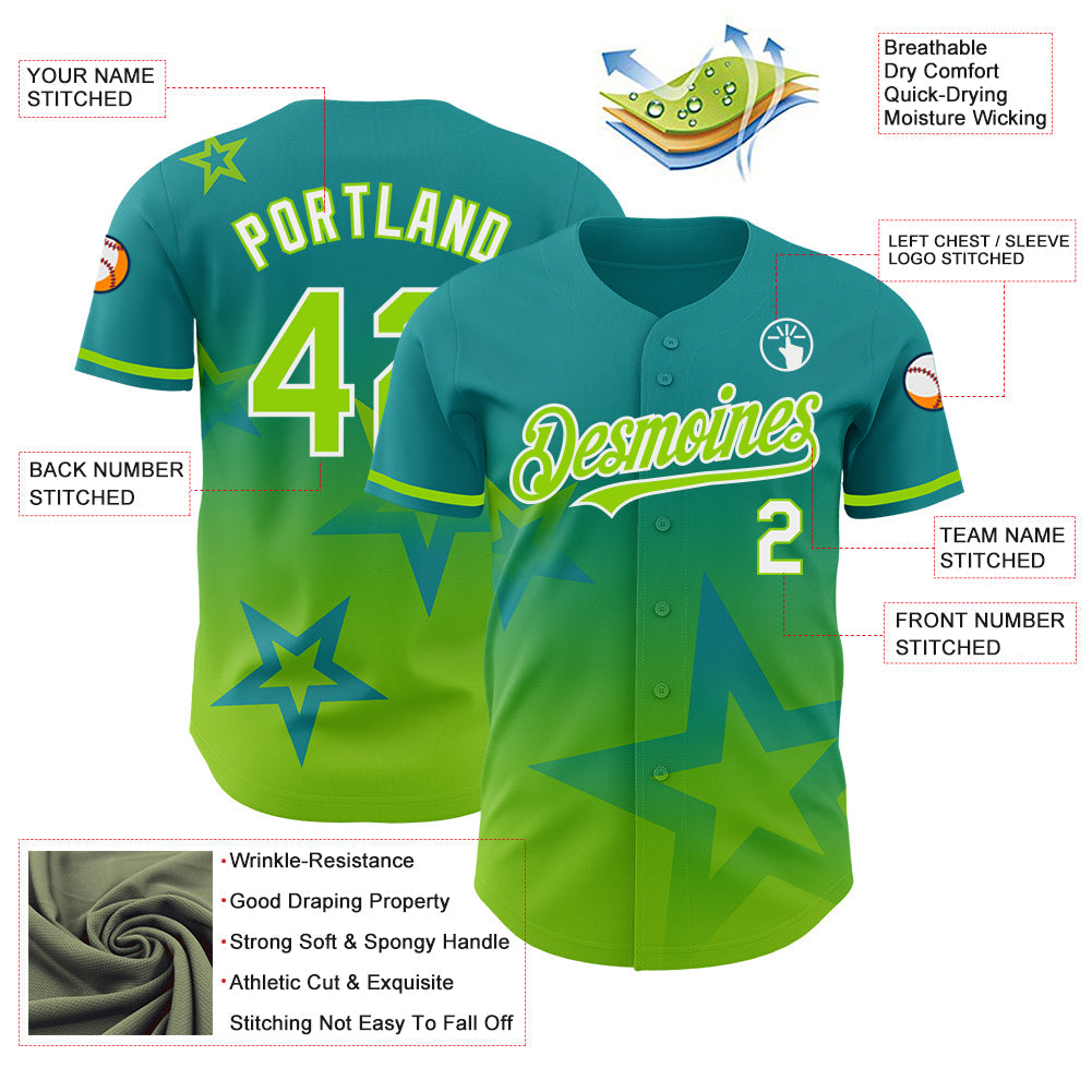 Custom Teal Neon Green-White 3D Pattern Design Gradient Style Twinkle Star Authentic Baseball Jersey view 3