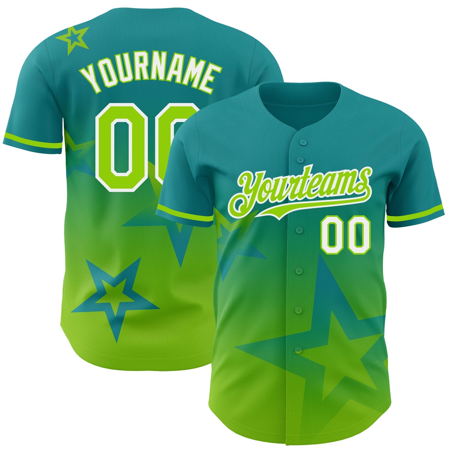 Custom Teal Neon Green-White 3D Pattern Design Gradient Style Twinkle Star Authentic Baseball Jersey - Main View