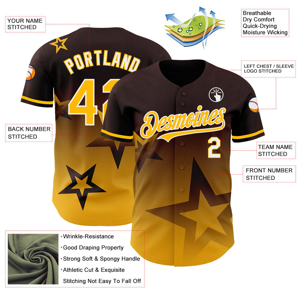 Custom Brown Gold-White 3D Pattern Design Gradient Style Twinkle Star Authentic Baseball Jersey view 3