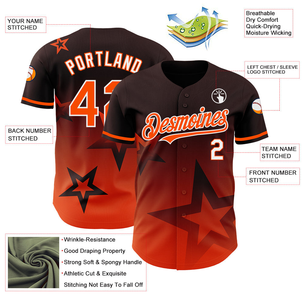 Custom Brown Orange-White 3D Pattern Design Gradient Style Twinkle Star Authentic Baseball Jersey view 3