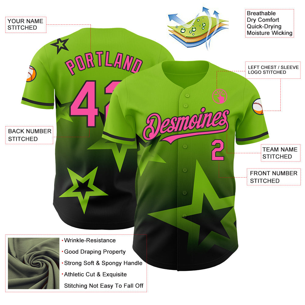 Custom Neon Green Pink-Black 3D Pattern Design Gradient Style Twinkle Star Authentic Baseball Jersey view 3