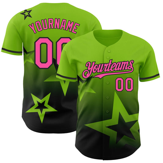 Custom Neon Green Pink-Black 3D Pattern Design Gradient Style Twinkle Star Authentic Baseball Jersey - Main View