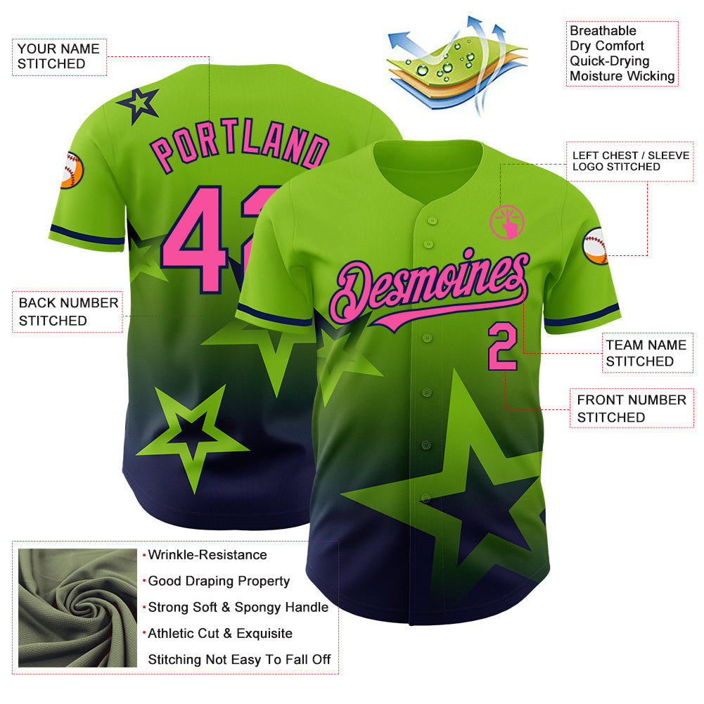 Custom Neon Green Pink-Navy 3D Pattern Design Gradient Style Twinkle Star Authentic Baseball Jersey view 3