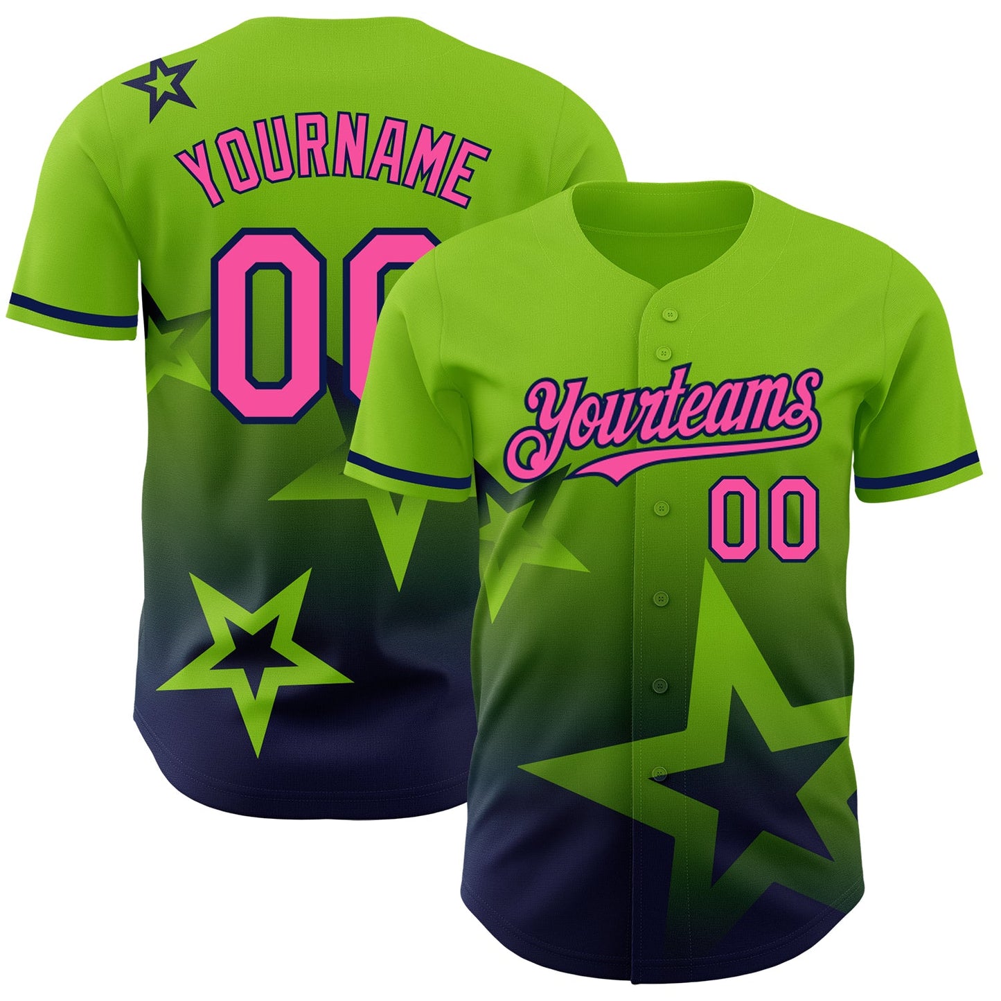 Custom Neon Green Pink-Navy 3D Pattern Design Gradient Style Twinkle Star Authentic Baseball Jersey - Main View