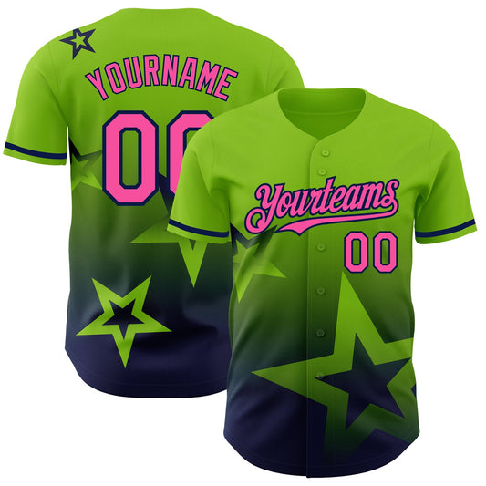 Custom Neon Green Pink-Navy 3D Pattern Design Gradient Style Twinkle Star Authentic Baseball Jersey - Main View