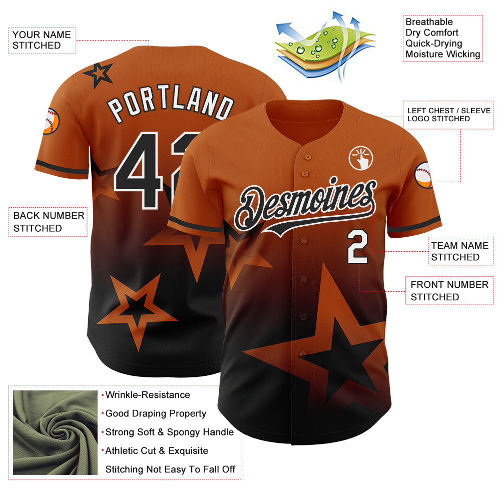 Custom Texas Orange Black-White 3D Pattern Design Gradient Style Twinkle Star Authentic Baseball Jersey view 3