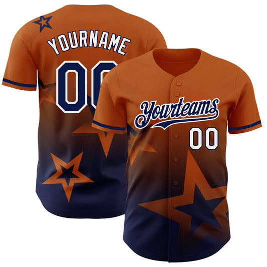Custom Texas Orange Navy-White 3D Pattern Design Gradient Style Twinkle Star Authentic Baseball Jersey - Main View