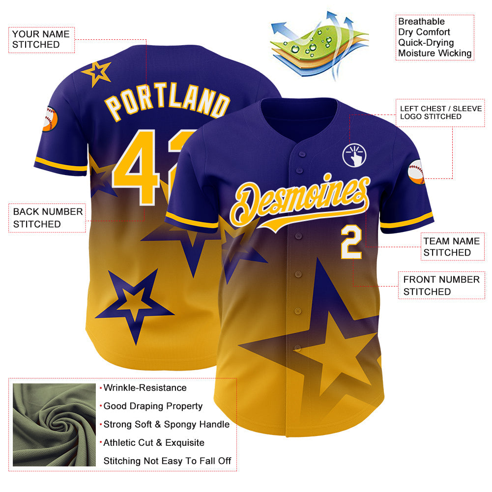 Custom Dark Purple Gold-White 3D Pattern Design Gradient Style Twinkle Star Authentic Baseball Jersey view 3