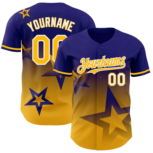 Custom Dark Purple Gold-White 3D Pattern Design Gradient Style Twinkle Star Authentic Baseball Jersey - Main View