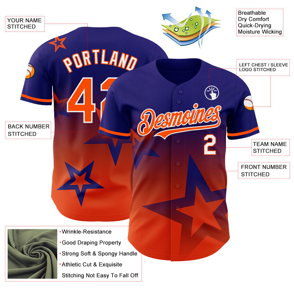 Custom Dark Purple Orange-White 3D Pattern Design Gradient Style Twinkle Star Authentic Baseball Jersey view 3