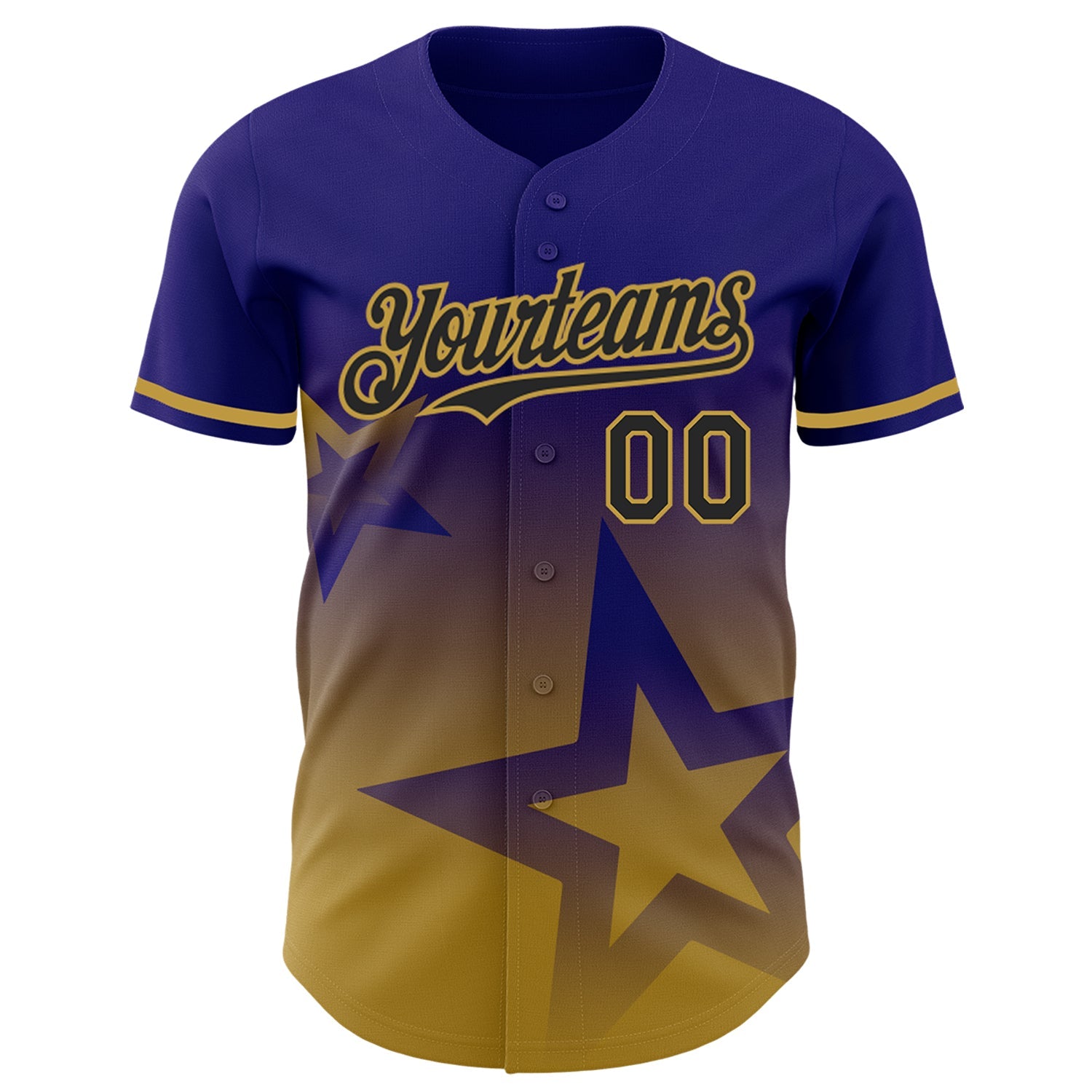 Custom Dark Purple Black-Old Gold 3D Pattern Design Gradient Style Twinkle Star Authentic Baseball Jersey view 2