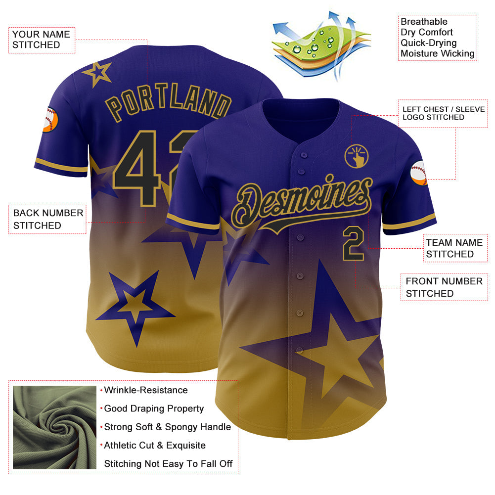 Custom Dark Purple Black-Old Gold 3D Pattern Design Gradient Style Twinkle Star Authentic Baseball Jersey view 3