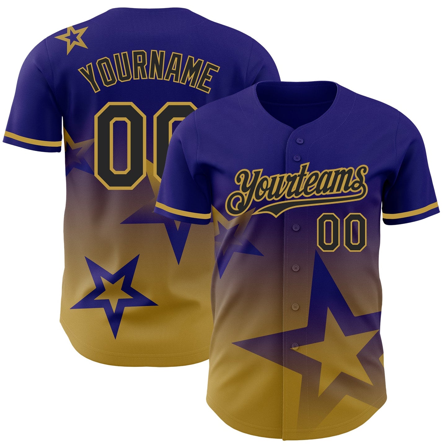 Custom Dark Purple Black-Old Gold 3D Pattern Design Gradient Style Twinkle Star Authentic Baseball Jersey - Main View