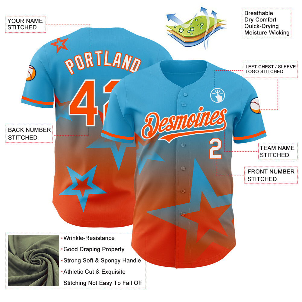 Custom Sky Blue Orange-White 3D Pattern Design Gradient Style Twinkle Star Authentic Baseball Jersey view 3