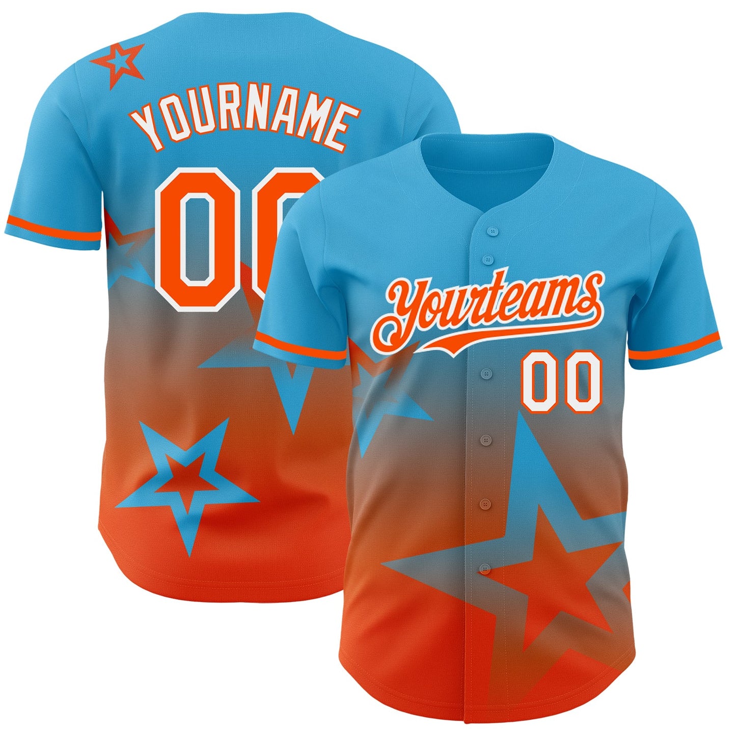 Custom Sky Blue Orange-White 3D Pattern Design Gradient Style Twinkle Star Authentic Baseball Jersey - Main View