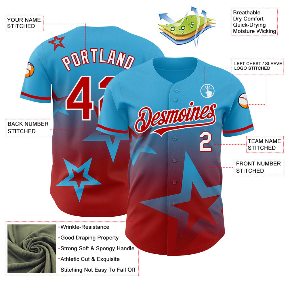 Custom Sky Blue Red-White 3D Pattern Design Gradient Style Twinkle Star Authentic Baseball Jersey view 3