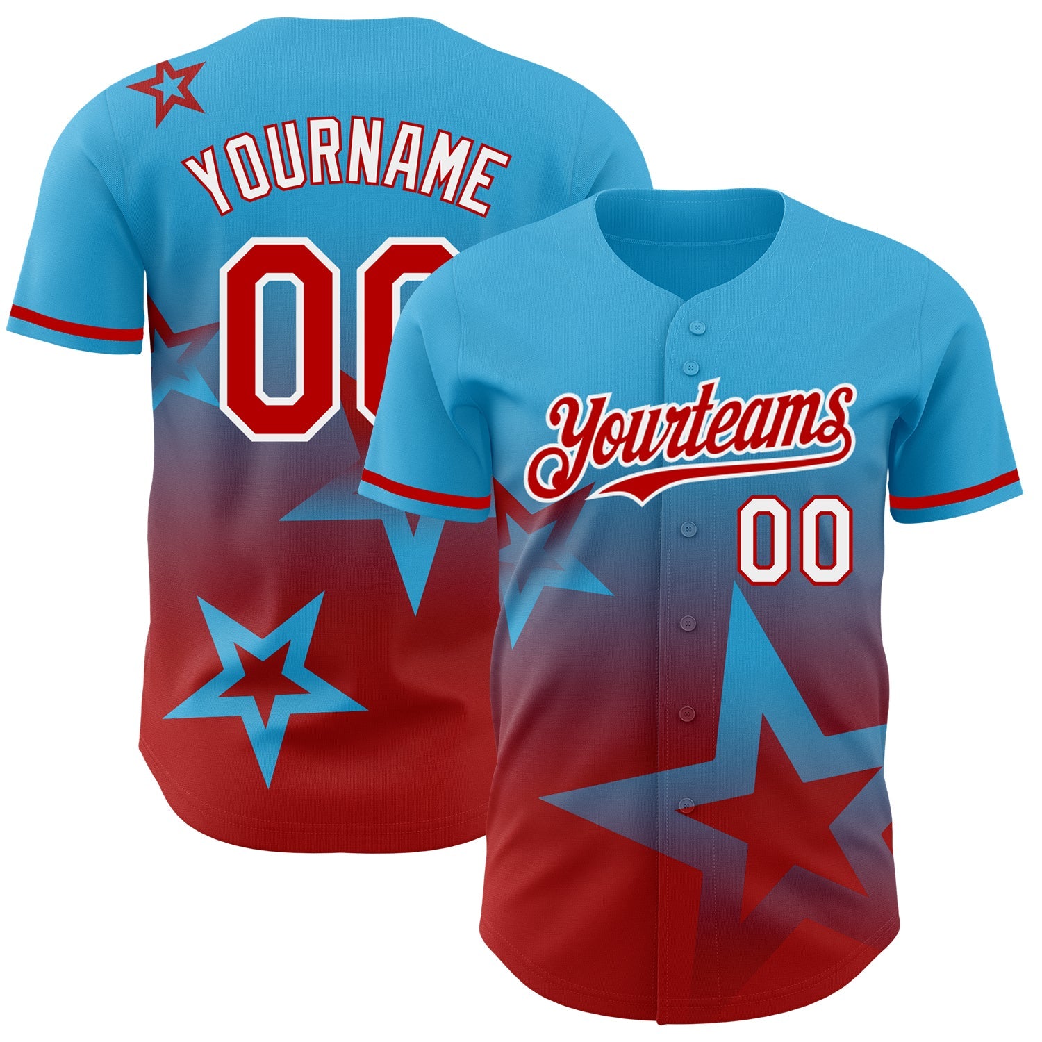 Custom Sky Blue Red-White 3D Pattern Design Gradient Style Twinkle Star Authentic Baseball Jersey - Main View