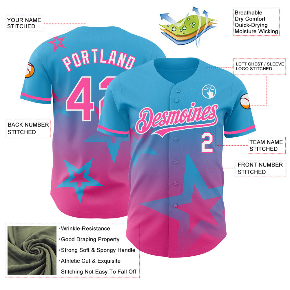 Custom Sky Blue Pink-White 3D Pattern Design Gradient Style Twinkle Star Authentic Baseball Jersey view 3