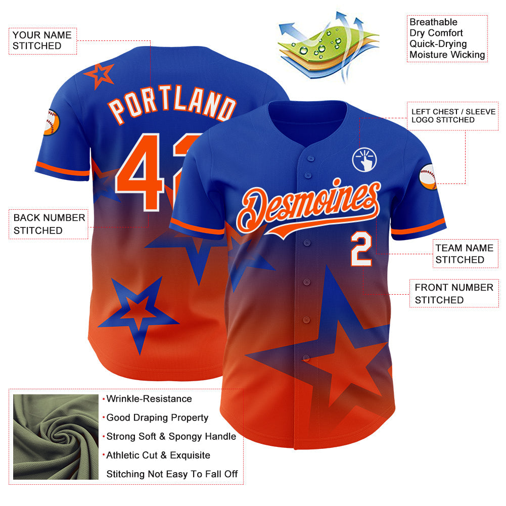Custom Thunder Blue Orange-White 3D Pattern Design Gradient Style Twinkle Star Authentic Baseball Jersey view 3