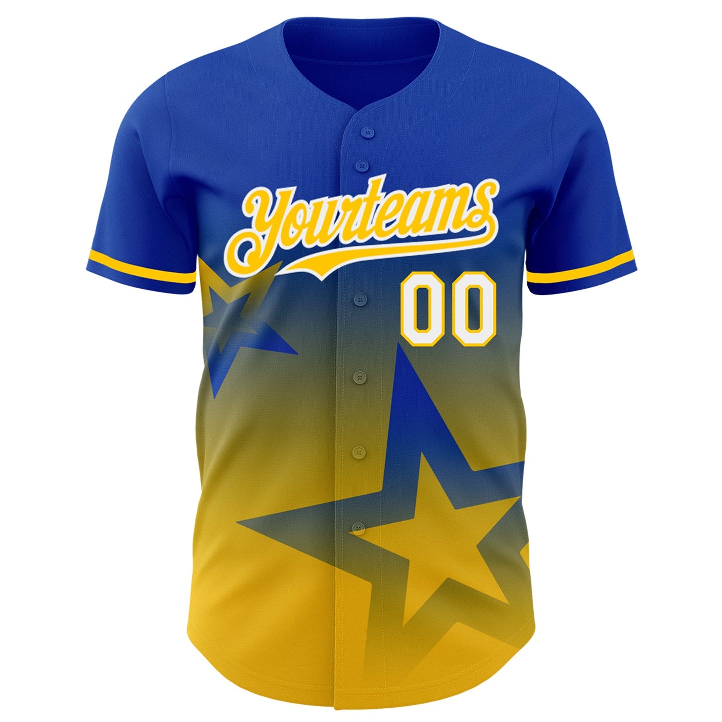 Custom Thunder Blue Yellow-White 3D Pattern Design Gradient Style Twinkle Star Authentic Baseball Jersey view 2