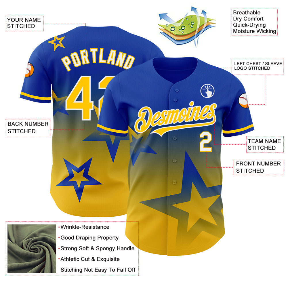 Custom Thunder Blue Yellow-White 3D Pattern Design Gradient Style Twinkle Star Authentic Baseball Jersey view 3