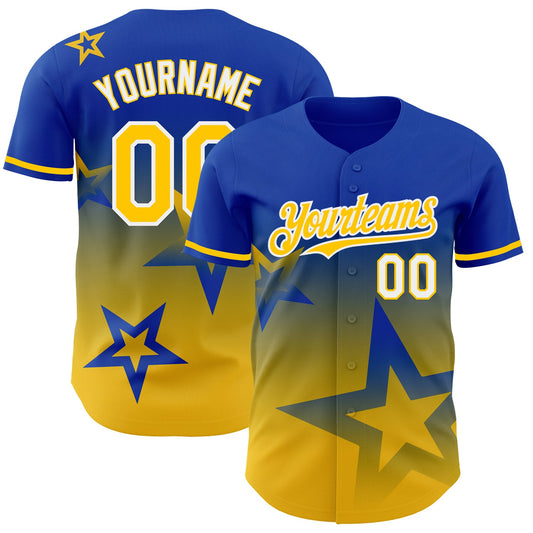 Custom Thunder Blue Yellow-White 3D Pattern Design Gradient Style Twinkle Star Authentic Baseball Jersey - Main View