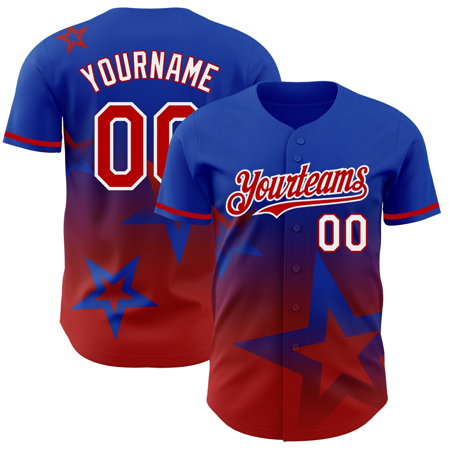 Custom Thunder Blue Red-White 3D Pattern Design Gradient Style Twinkle Star Authentic Baseball Jersey - Main View