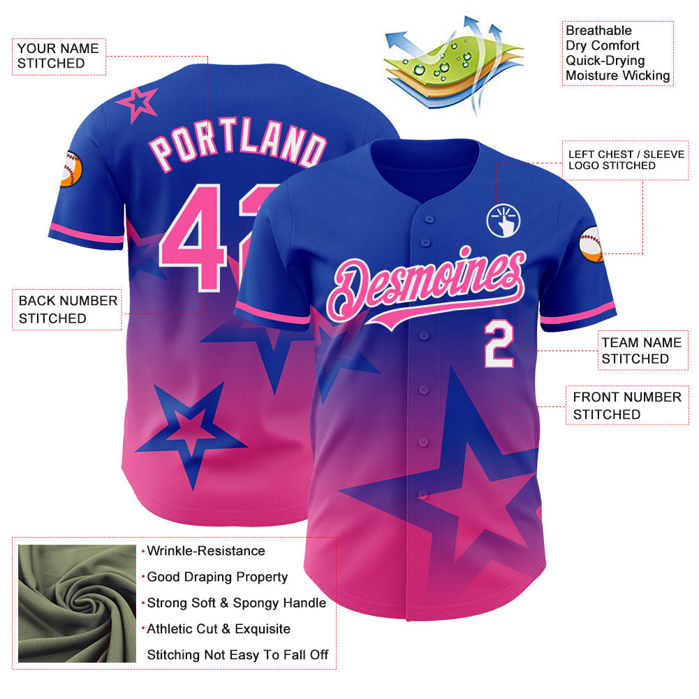 Custom Thunder Blue Pink-White 3D Pattern Design Gradient Style Twinkle Star Authentic Baseball Jersey view 3