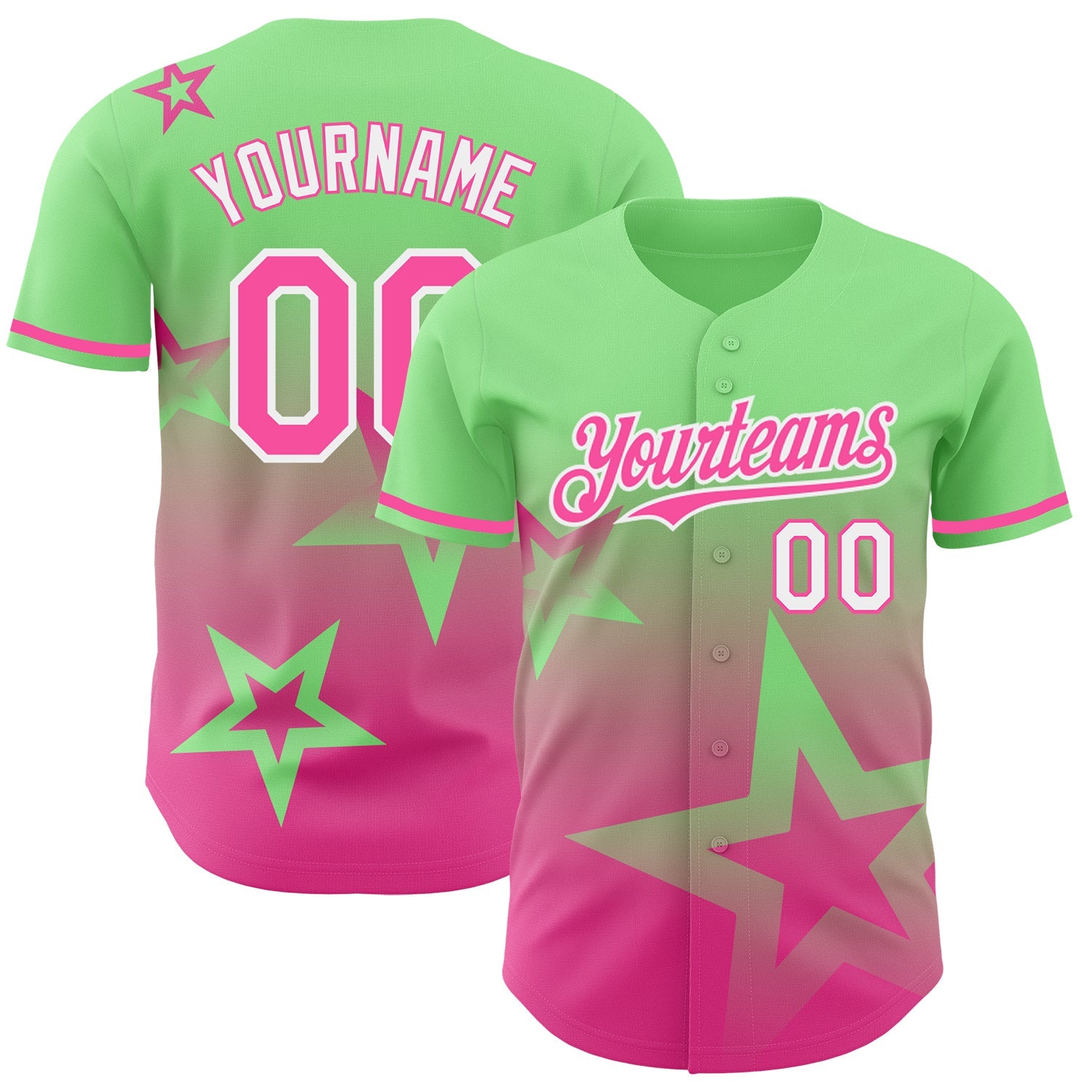 Custom Pea Green Pink-White 3D Pattern Design Gradient Style Twinkle Star Authentic Baseball Jersey - Main View