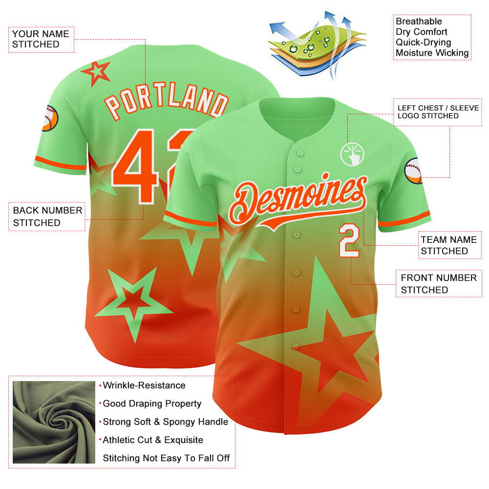 Custom Pea Green Orange-White 3D Pattern Design Gradient Style Twinkle Star Authentic Baseball Jersey view 3
