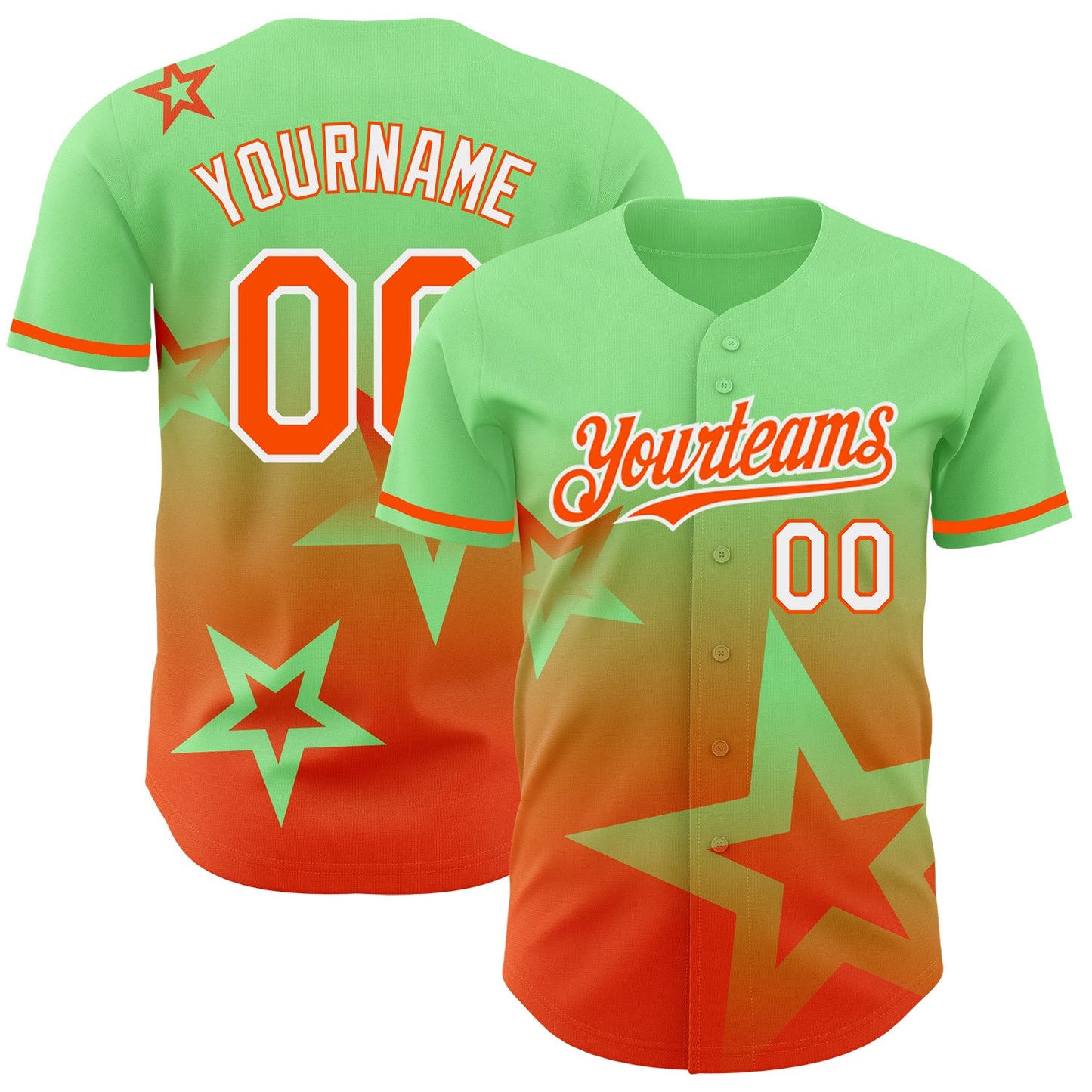 Custom Pea Green Orange-White 3D Pattern Design Gradient Style Twinkle Star Authentic Baseball Jersey - Main View