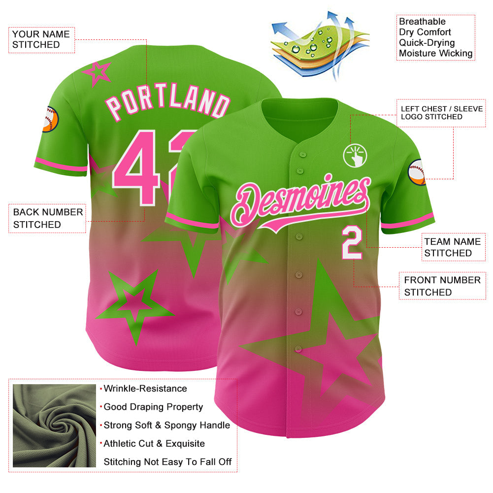 Custom Aurora Green Pink-White 3D Pattern Design Gradient Style Twinkle Star Authentic Baseball Jersey view 3