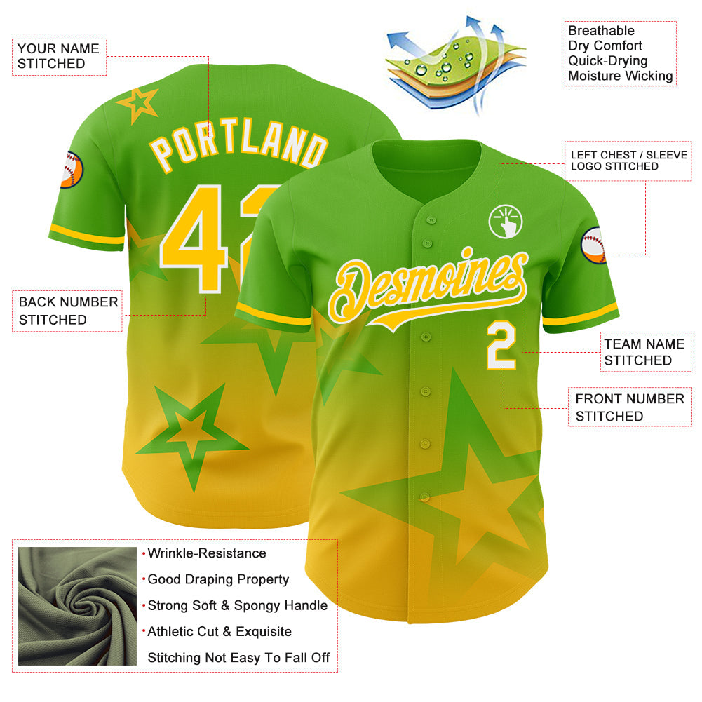 Custom Aurora Green Yellow-White 3D Pattern Design Gradient Style Twinkle Star Authentic Baseball Jersey view 3