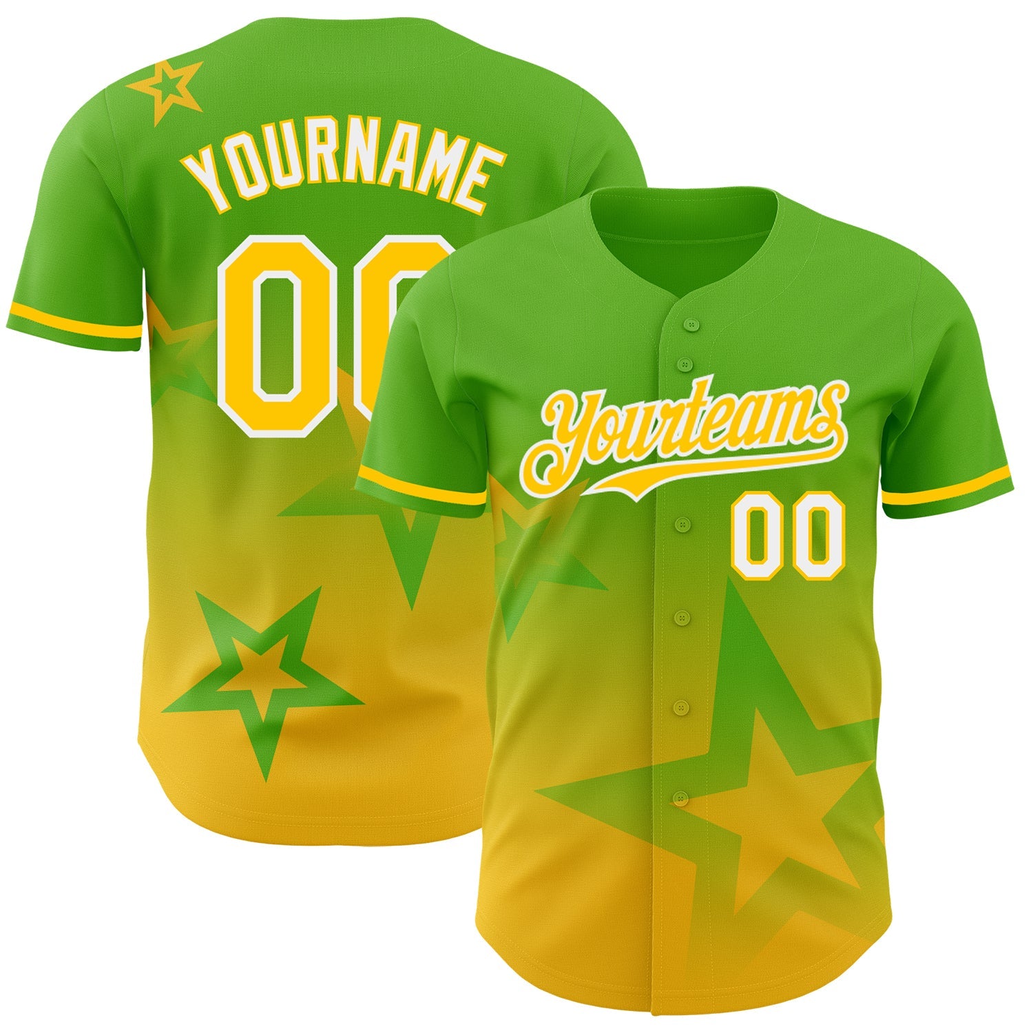 Custom Aurora Green Yellow-White 3D Pattern Design Gradient Style Twinkle Star Authentic Baseball Jersey - Main View