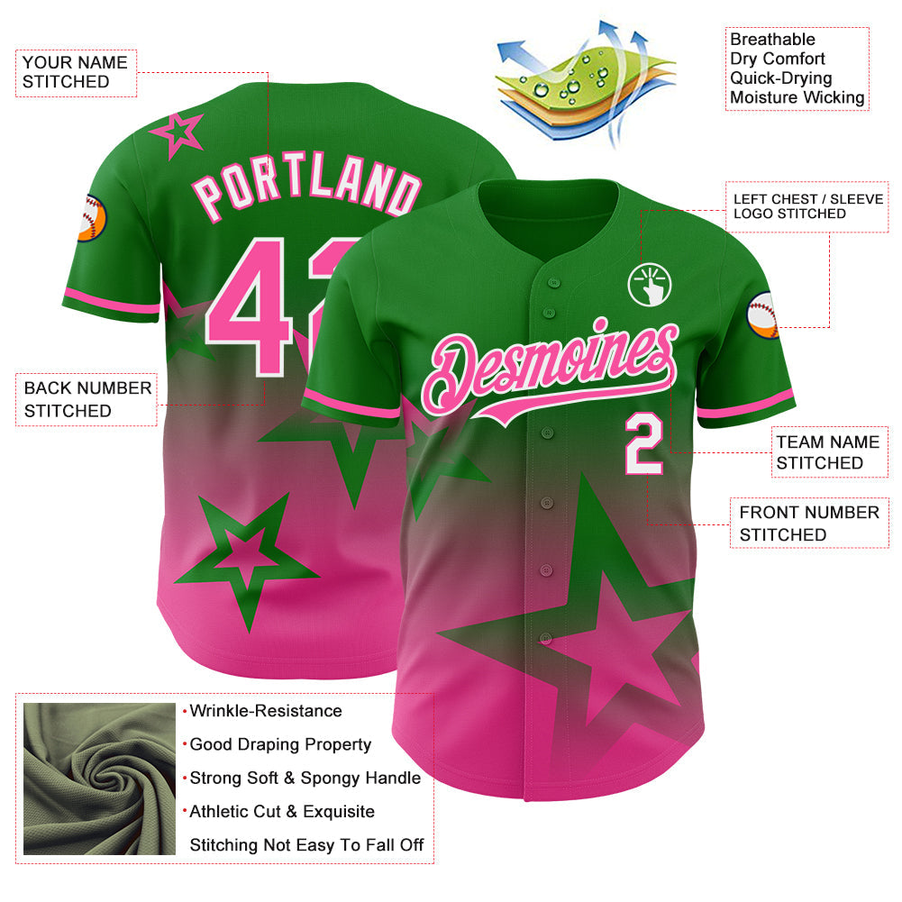 Custom Grass Green Pink-White 3D Pattern Design Gradient Style Twinkle Star Authentic Baseball Jersey view 3