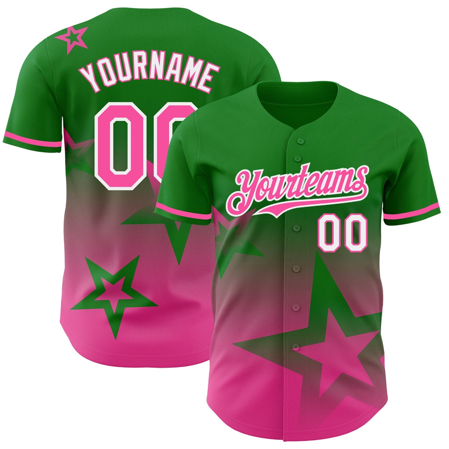 Custom Grass Green Pink-White 3D Pattern Design Gradient Style Twinkle Star Authentic Baseball Jersey - Main View