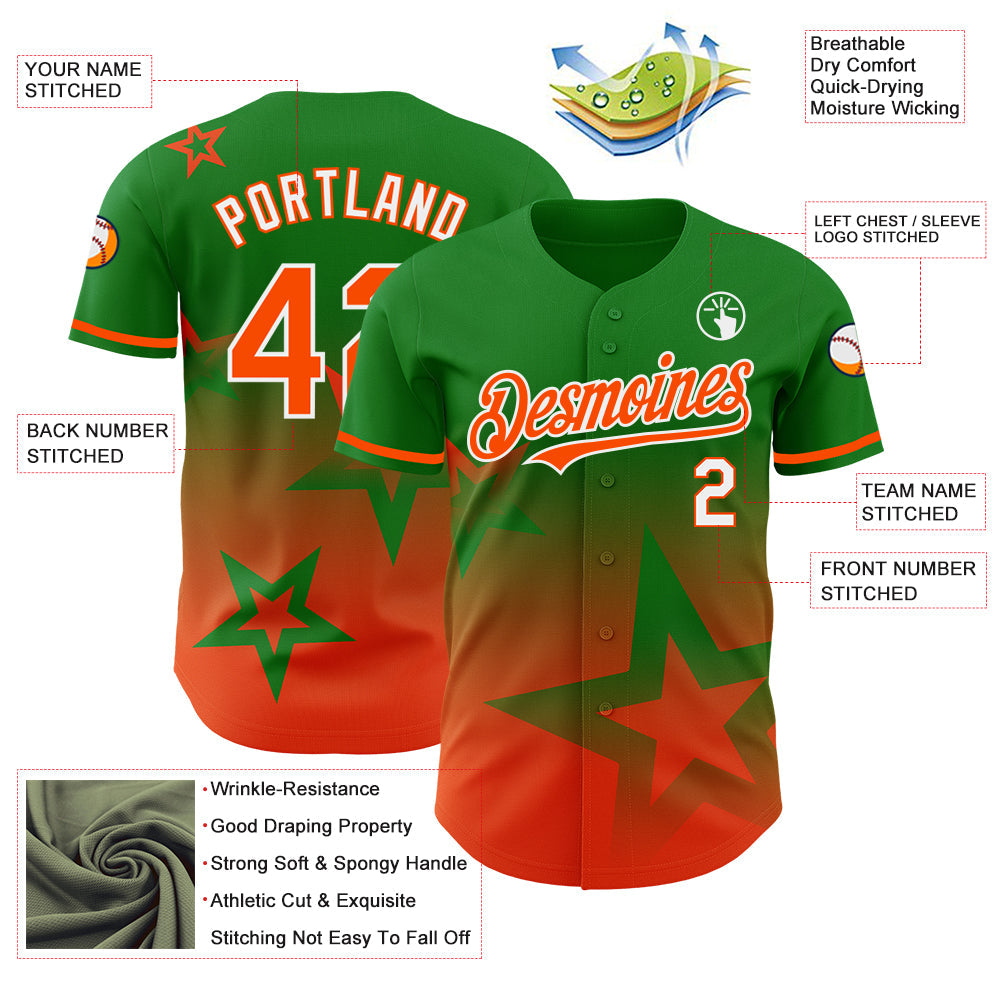 Custom Grass Green Orange-White 3D Pattern Design Gradient Style Twinkle Star Authentic Baseball Jersey view 3