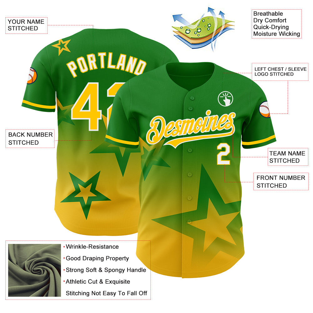 Custom Grass Green Yellow-White 3D Pattern Design Gradient Style Twinkle Star Authentic Baseball Jersey view 3