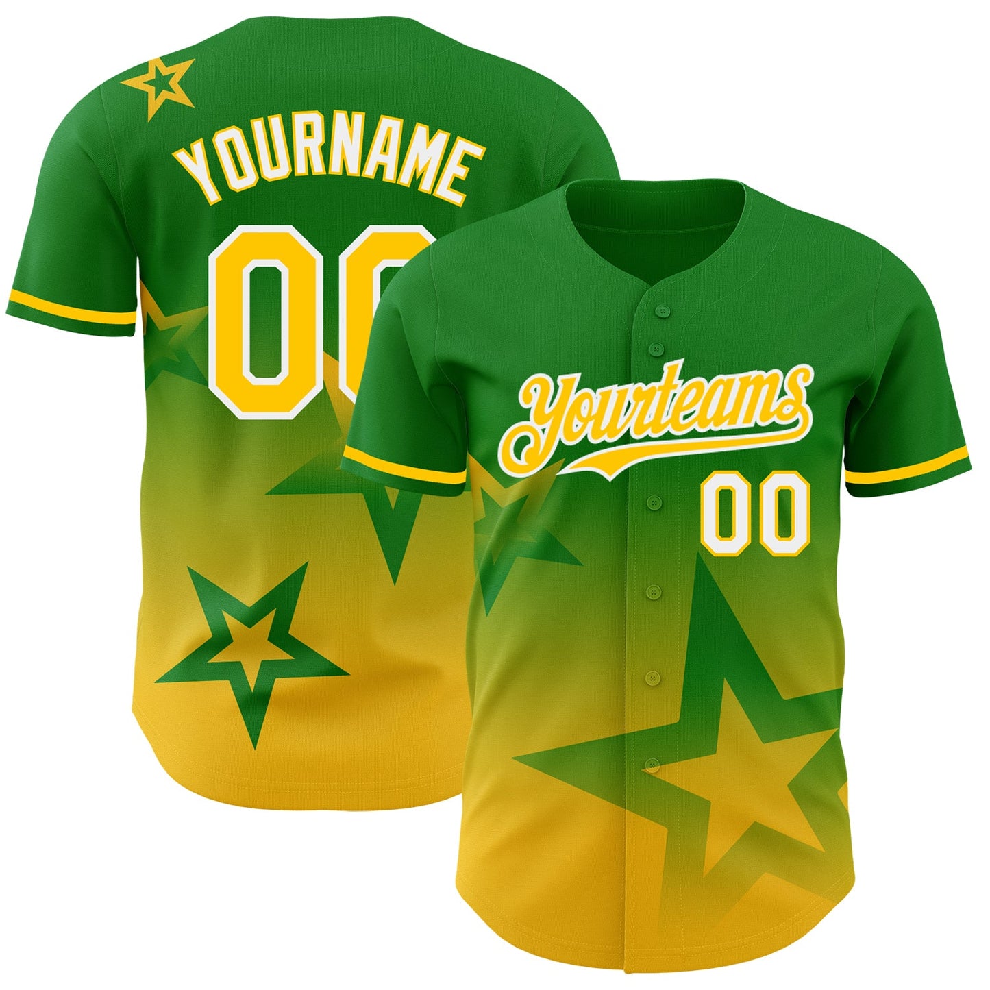 Custom Grass Green Yellow-White 3D Pattern Design Gradient Style Twinkle Star Authentic Baseball Jersey - Main View