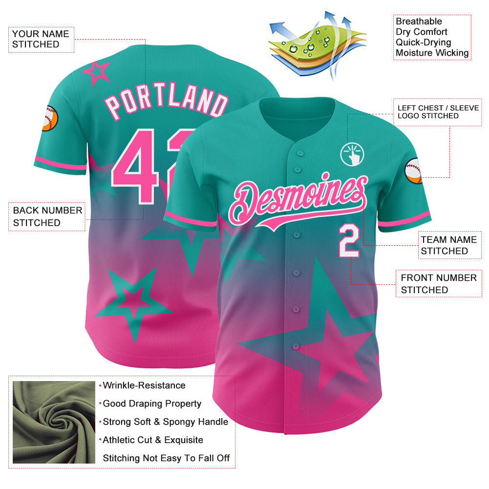 Custom Aqua Pink-White 3D Pattern Design Gradient Style Twinkle Star Authentic Baseball Jersey view 3