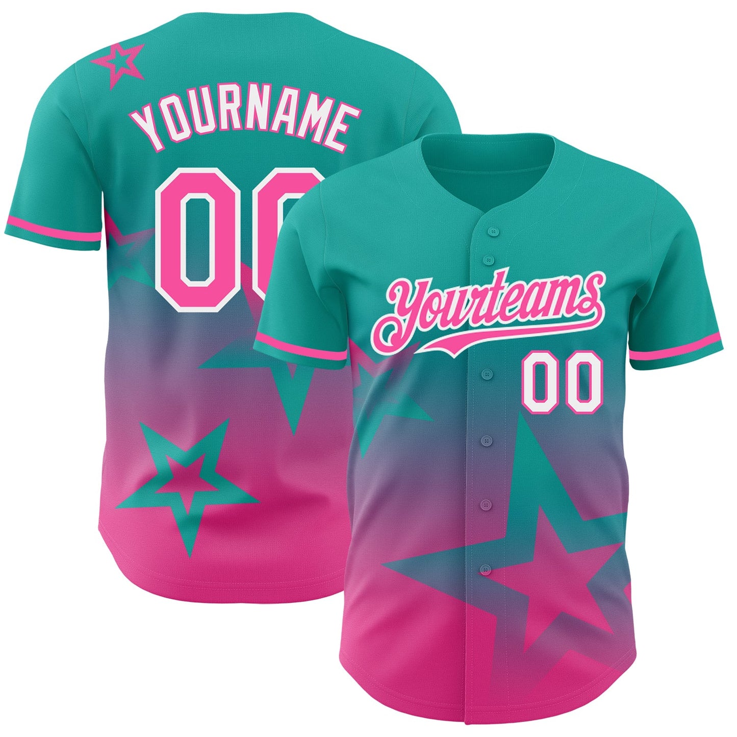 Custom Aqua Pink-White 3D Pattern Design Gradient Style Twinkle Star Authentic Baseball Jersey - Main View