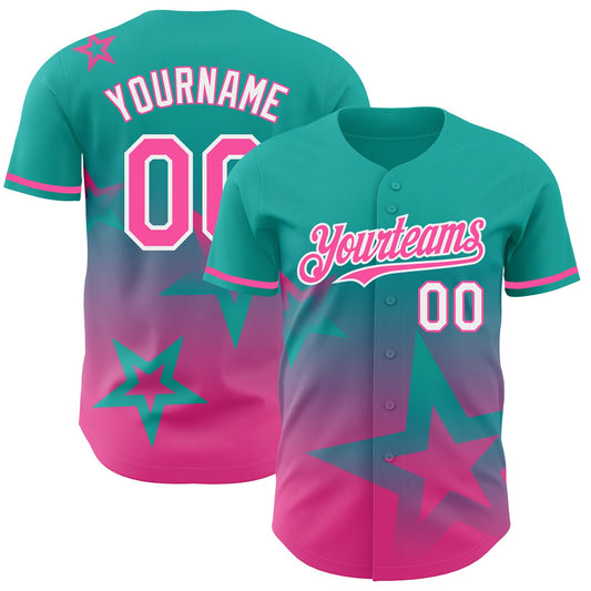 Custom Aqua Pink-White 3D Pattern Design Gradient Style Twinkle Star Authentic Baseball Jersey - Main View