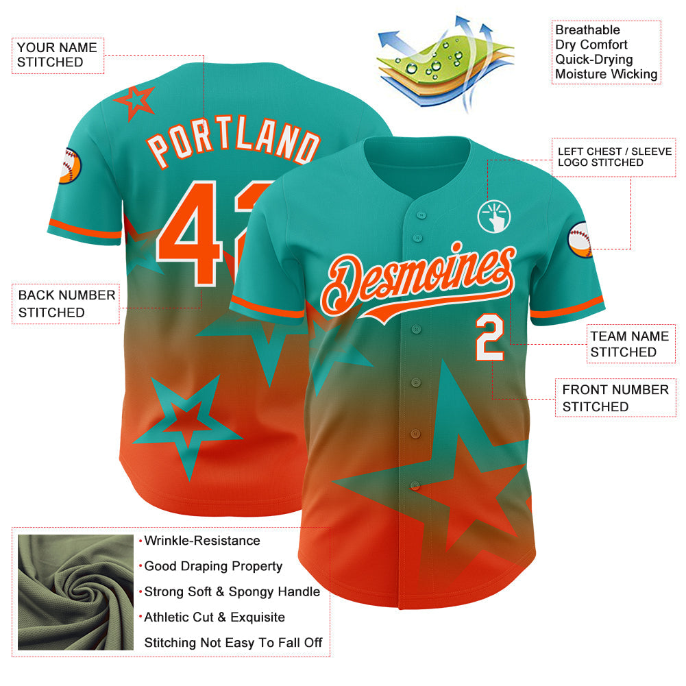 Custom Aqua Orange-White 3D Pattern Design Gradient Style Twinkle Star Authentic Baseball Jersey view 3