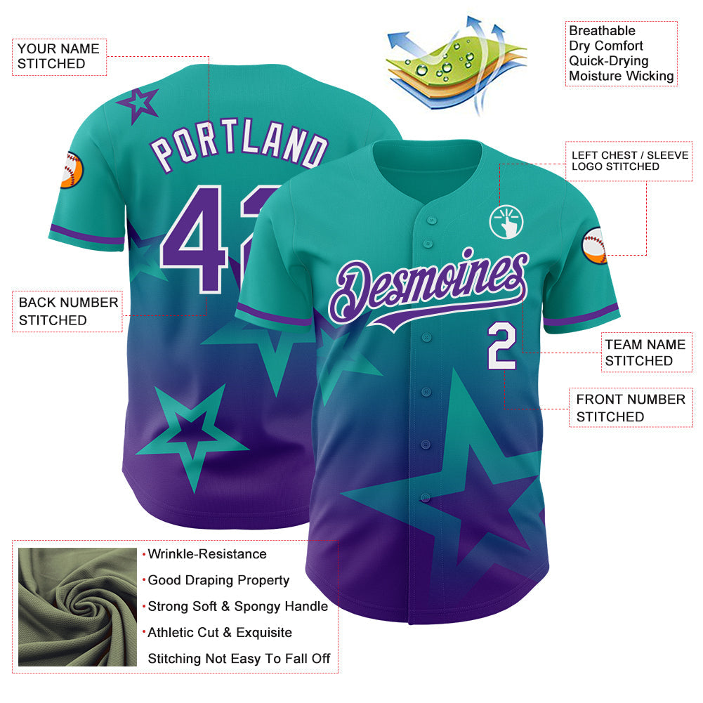 Custom Aqua Purple-White 3D Pattern Design Gradient Style Twinkle Star Authentic Baseball Jersey view 3