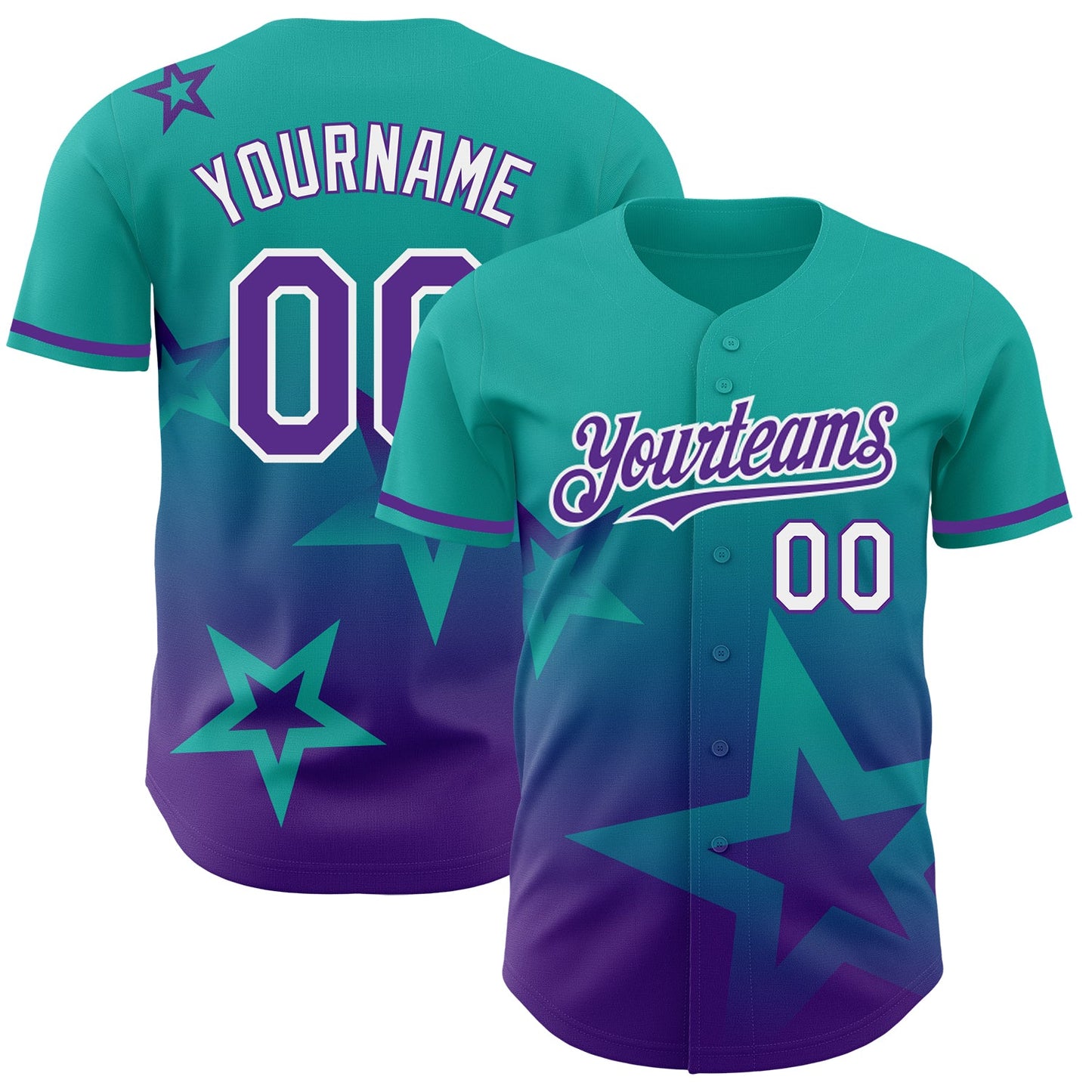 Custom Aqua Purple-White 3D Pattern Design Gradient Style Twinkle Star Authentic Baseball Jersey - Main View