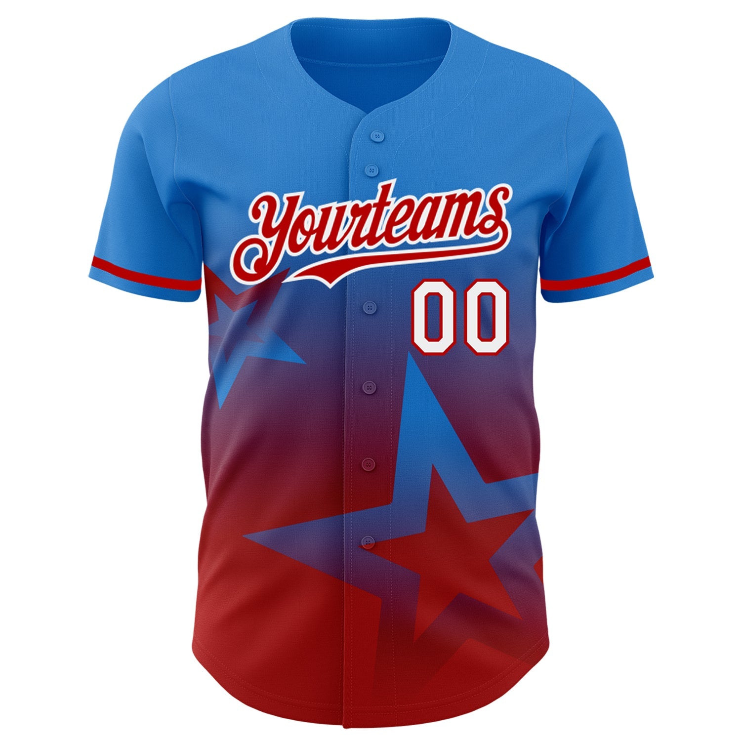 Custom Electric Blue Red-White 3D Pattern Design Gradient Style Twinkle Star Authentic Baseball Jersey view 2